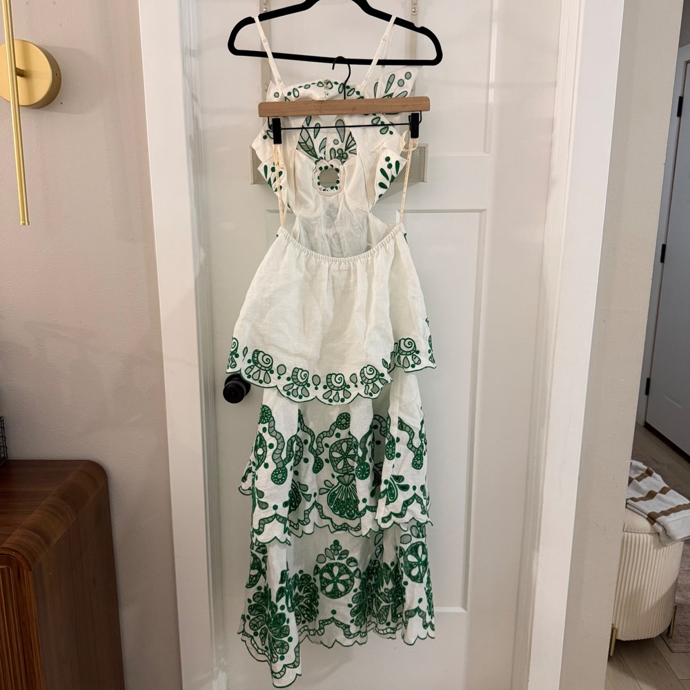 FARM Rio Flower Richelieu Linen Midi Dress Green White Cutout Tiered XS Boho - Picture 6 of 12